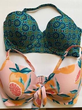 Set of Two Patterned Bikini Tops - Teal Mosaic & Peach Citrus